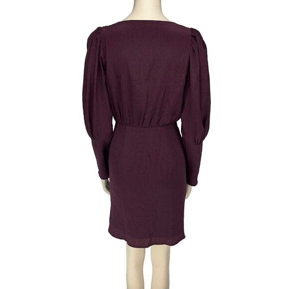 CAMAIEU French Satin Ruched Gatered Waist Long sleeves Eggplant Mini Dress sz 36 - Picture 2 of 7